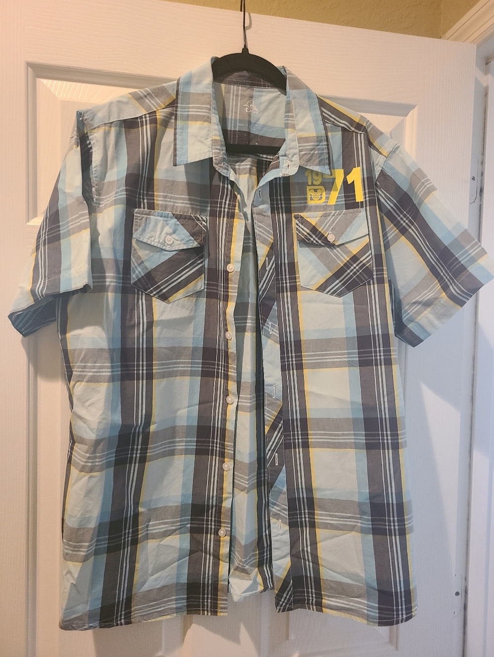 Walt Disney World Parks Mickey Mouse Button Shirt Short Sleeve Plaid Men’s L